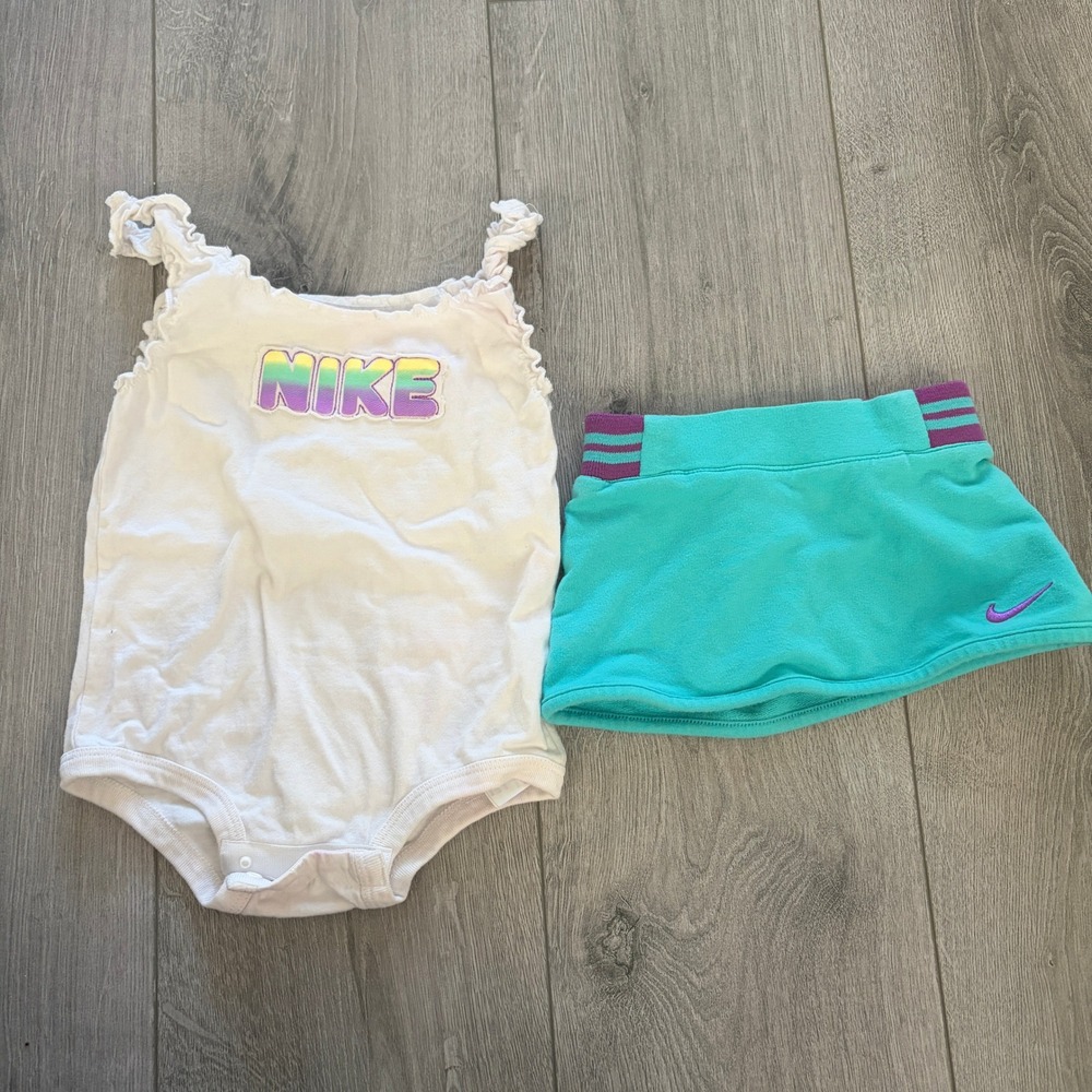 Nike Vintage Y2K Rainbow Logo Bodysuit and Skirt Set 12M Teal White Outfit